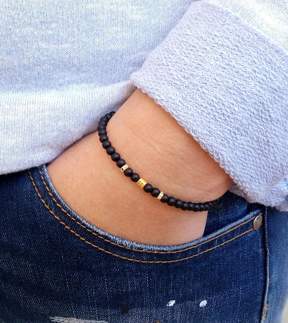 Matte Black Onyx Round 4mm Smooth beads adjustable stacking bracelet