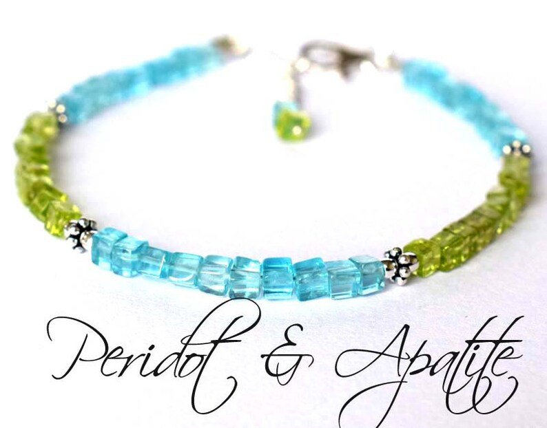Peridot & Apatite Cube 4mm Smooth beads adjustable stacking bracelet