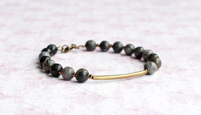 Black Grey Jasper Round 6mm Smooth beads adjustable stacking bracelet
