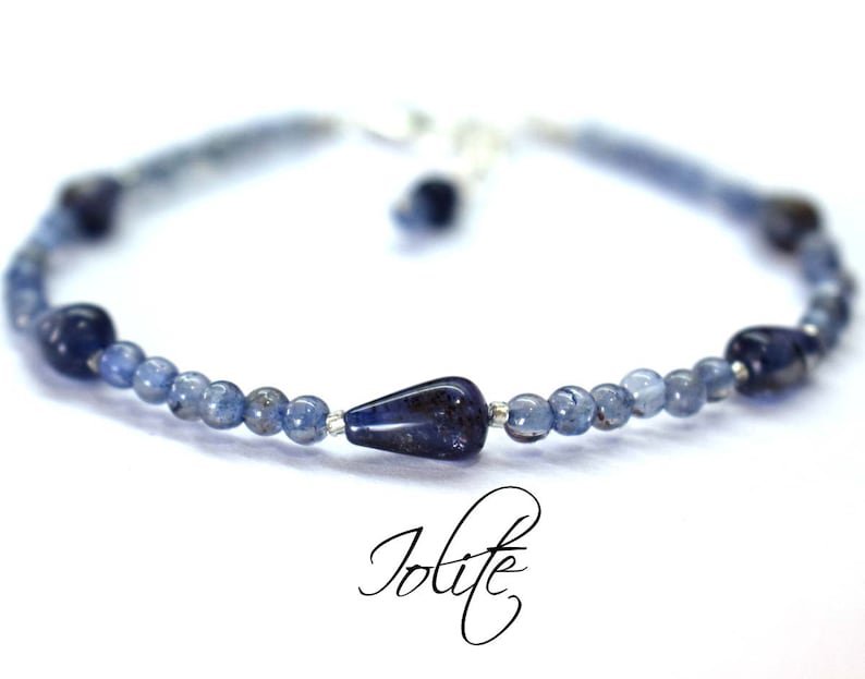 Iolite Round & Drop 3-8x5mm Smooth beads adjustable stacking bracelet
