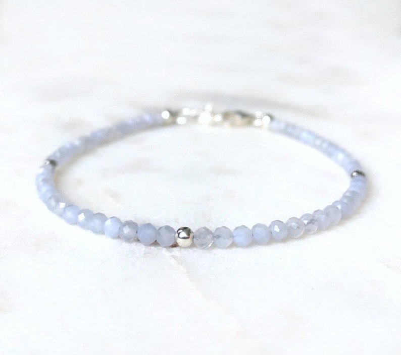 Blue Lace Agate Round 3.5mm Faceted beads adjustable stacking bracelet
