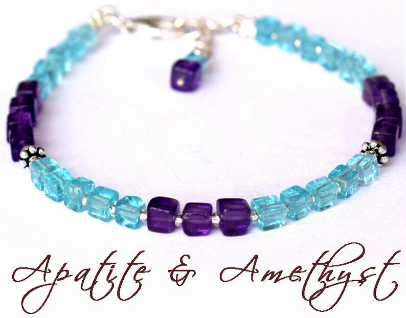 Amethyst & Apatite Cube 3.5-4mm Smooth beads adjustable stacking bracelet