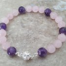 Amethyst, Rose Quartz Round 8mm Smooth beads adjustable stacking bracelet