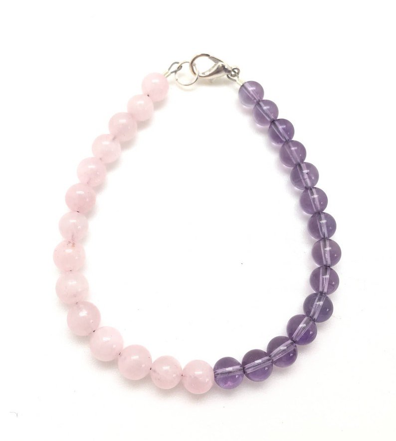 Amethyst & Rose Quartz Round 6mm Smooth beads adjustable stacking bracelet