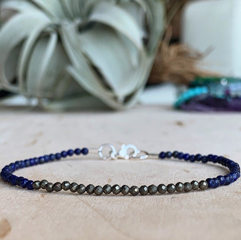 Lapis Lazuli & Pyrite Round 3mm Faceted beads adjustable stacking bracelet