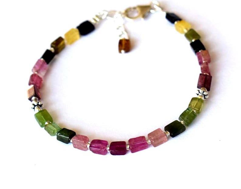 Multi Tourmaline Rectangle 4x3mm Smooth beads adjustable stacking bracelet
