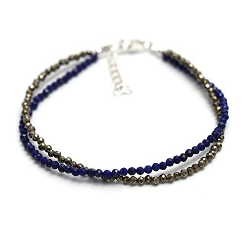 Pyrite & Lapis Lazuli Round 2mm Faceted beads adjustable stacking bracelet