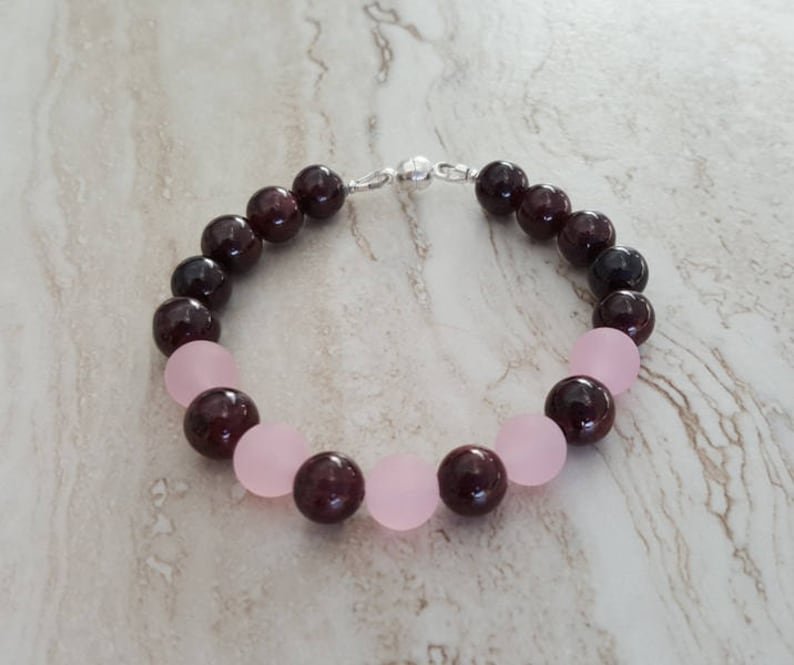 Garnet & Matte Pink Jade Round 8mm Smooth beads adjustable stacking bracelet