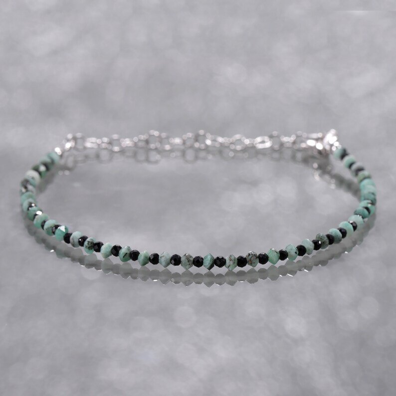 Emerald & Black Spinel Round 2-3mm Faceted beads adjustable stacking bracelet