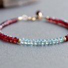 Garnet & Aquamarine Rondelle 3-4mm Faceted beads adjustable stacking bracelet