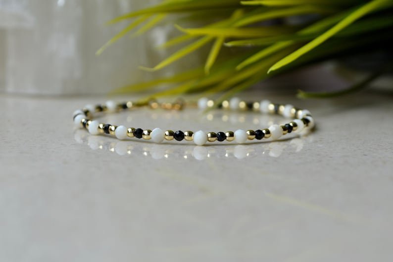 Black Spinel & White Jade Round 2-2.5mm Mix beads adjustable stacking bracelet