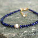 Lapis Lazuli With Pearl Round 3-6mm Faceted beads adjustable stacking bracelet