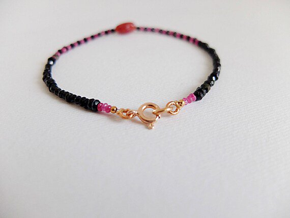 Black Spinel & Ruby Rondelle 2-2.5mm Faceted beads adjustable stacking bracelet