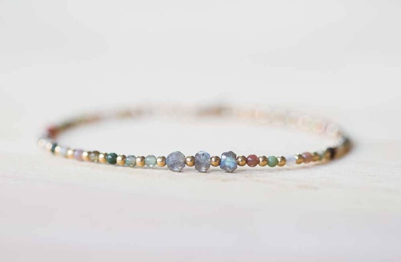 Multi Agate & Labradorite Round 2-3mm Faceted beads adjustable stacking bracelet