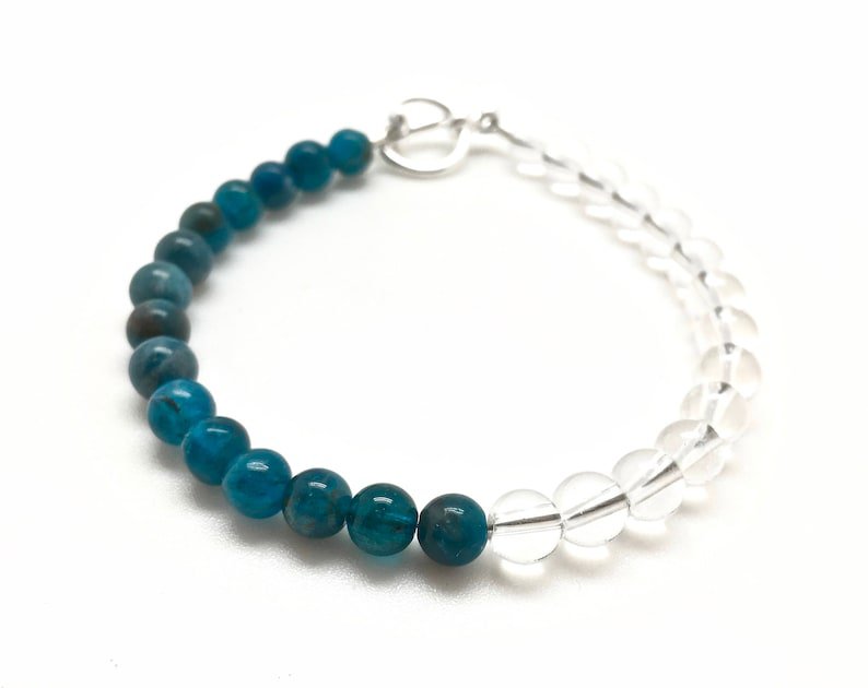 Crystal Quartz & Blue Apatite Round 8mm Smooth beads adjustable stacking bracelet