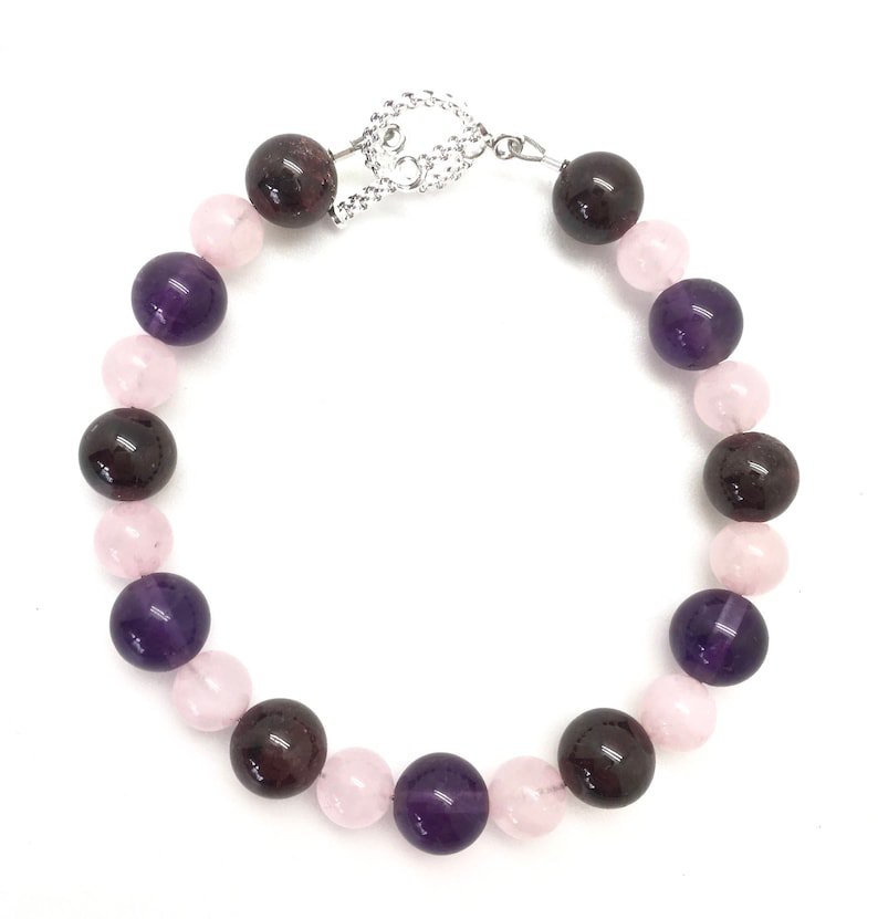 Amethyst, Garnet & Rose Quartz Round 8mm Smooth beads adjustable stacking bracelet