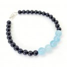 Aquamarine, Black Tourmaline Round 6-8mm Smooth beads adjustable stacking bracelet