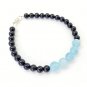 Aquamarine, Black Tourmaline Round 6-8mm Smooth beads adjustable stacking bracelet