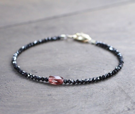 Black Spinel With Garnet Round 2-5x10mm Faceted beads adjustable stacking bracelet