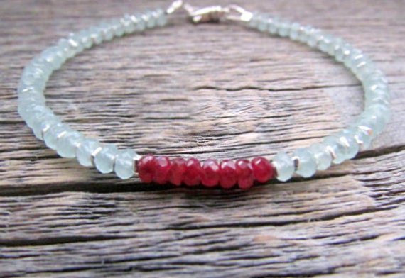 Blue Chalcedony & Ruby Rondelle 3.5-4mm Faceted beads adjustable stacking bracelet