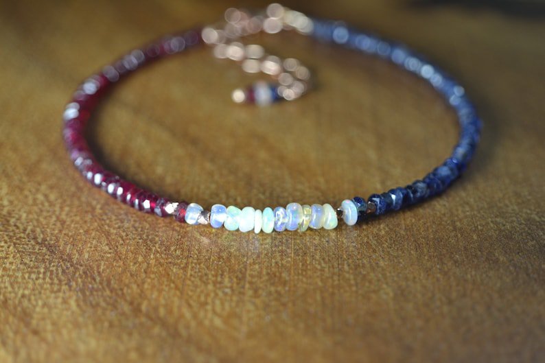 Blue Sapphire, Opal & Ruby Rondelle 3mm Faceted beads adjustable stacking bracelet