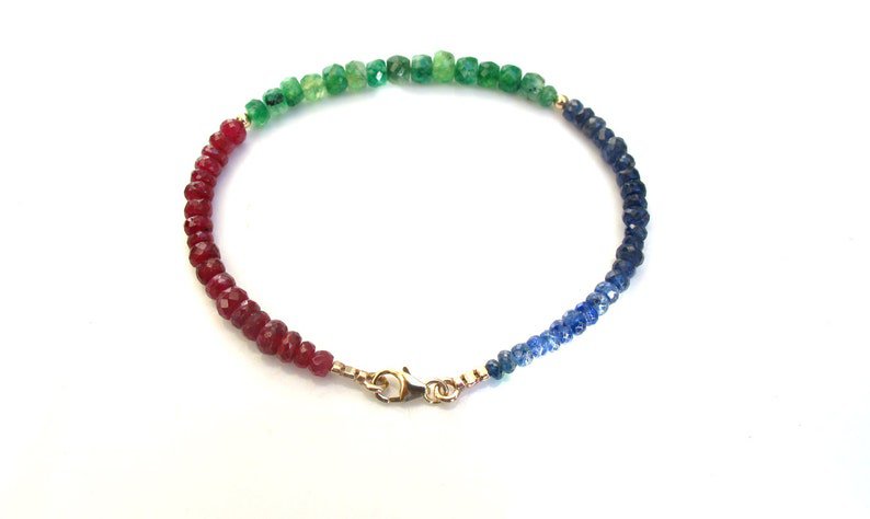 Emerald, Ruby & Sapphire Rondelle 2-4mm Faceted beads adjustable stacking bracelet