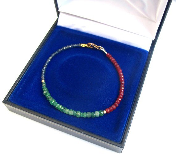 Emerald & Ruby & Sapphire Rondelle 2-3mm Faceted beads adjustable stacking bracelet