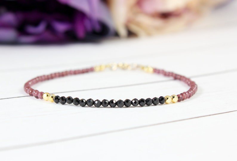 Garnet & Black Spinel Round 3mm Faceted & Smooth beads adjustable stacking bracelet
