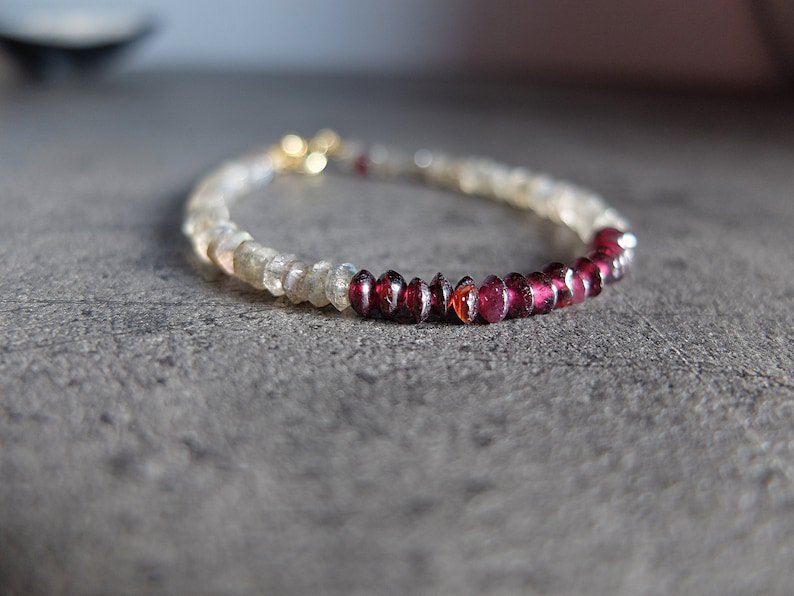 Labradorite & Garnet Button 4mm Faceted & Smooth beads adjustable stacking bracelet