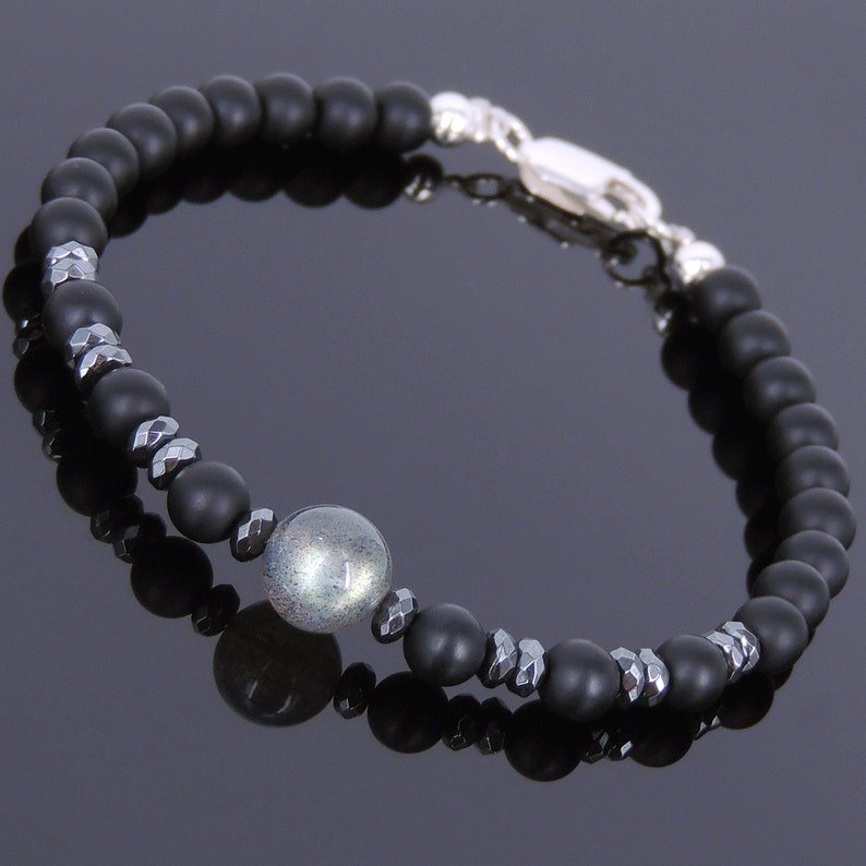 Black Onyx, Labradorite & Hematite Round 8mm Smooth beads adjustable stacking bracelet