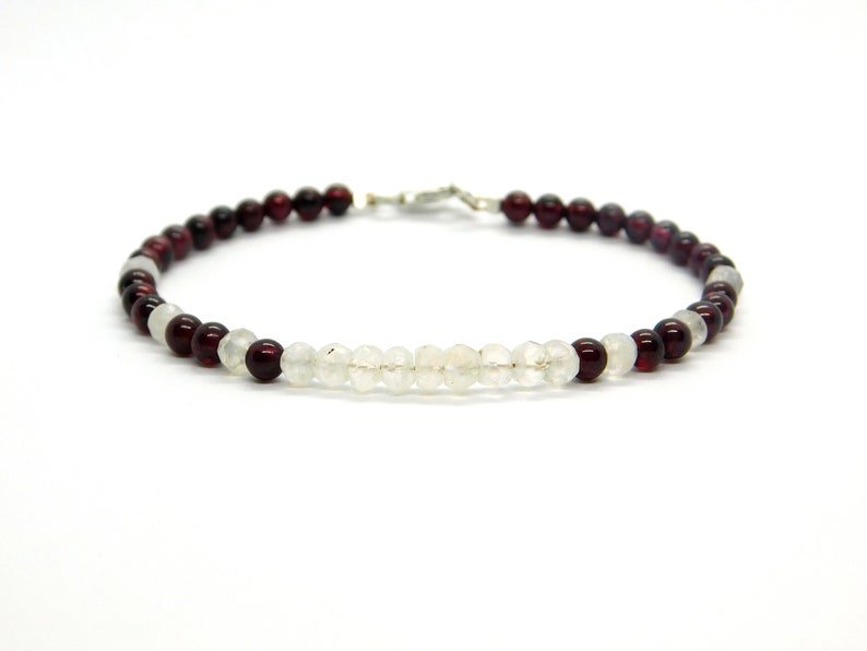 Garnet & Rainbow Moonstone Round 4mm Faceted & Smooth beads adjustable stacking bracelet