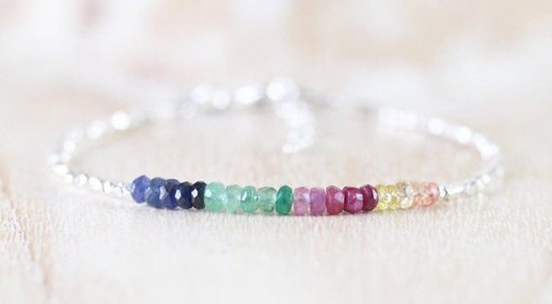 Multi Sapphire, Emerald & Ruby Rondelle 3-4mm Faceted beads adjustable stacking bracelet