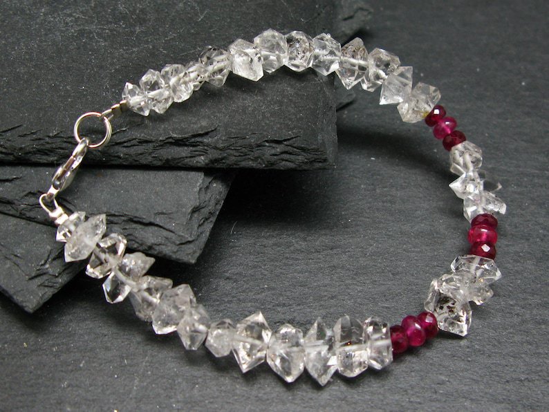 Herkimer Diamond & Ruby Rondelle & Fancy 4-7mm Faceted beads adjustable stacking bracelet
