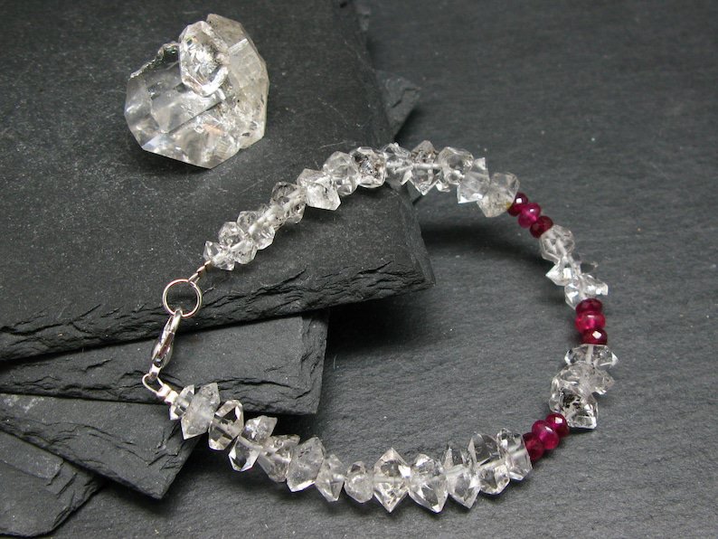 Herkimer Diamond & Ruby Rondelle & Fancy 3-6mm Faceted beads adjustable stacking bracelet
