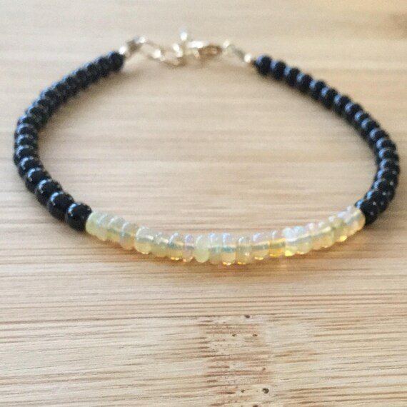 Black Onyx & Ethiopian Fire Opal Rondelle 4-4.5mm Smooth beads adjustable stacking bracelet