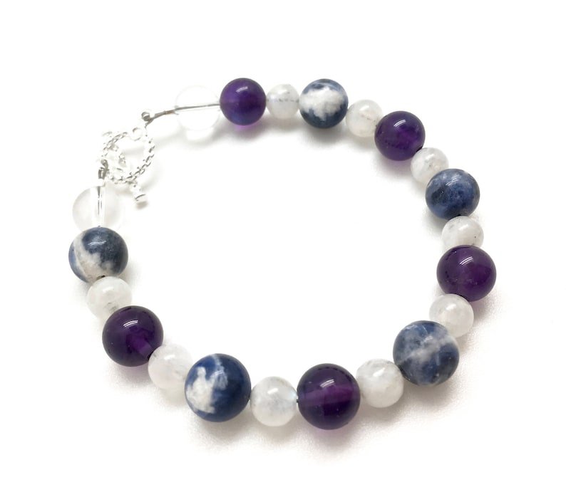 Amethyst, Sodalite & Rainbow Moonstone Round 6-8mm Smooth beads adjustable stacking bracelet
