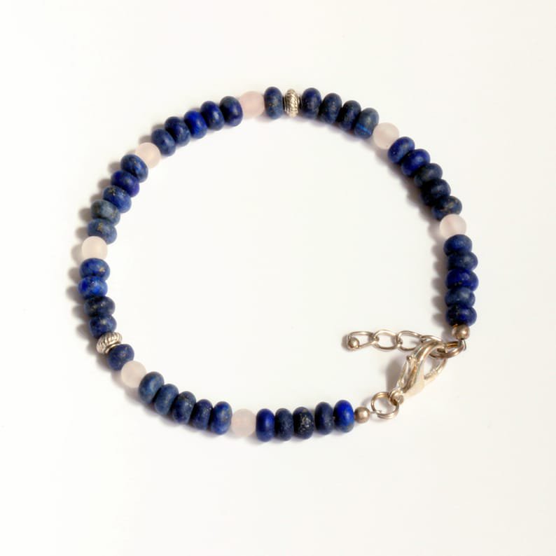 Lapis Lazuli & Rose Quartz Round & Rondelle 4-4.5mm Smooth beads adjustable stacking bracelet
