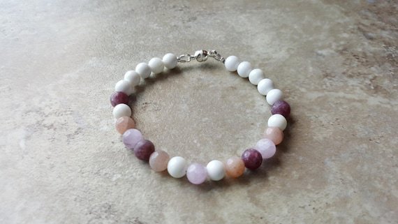 Lepidolite, Sunstone, Kunzite & White Agate Round 8mm Smooth beads adjustable stacking bracelet