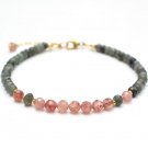 Moss Aquamarine & Cherry Quartz Round & Rondelle 4mm Faceted beads adjustable stacking bracelet