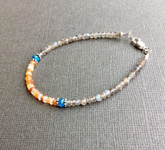 Fire Opal, Labradorite & Neon Apatite Rondelle 3-3.5mm Faceted beads adjustable stacking bracelet