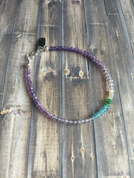 Amethyst, Chrome Diopside, Opal & Apatite Rondelle 3-4mm Faceted beads adjustable stacking bracelet
