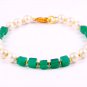 Green Onyx & Fresh Water Pearl Round & Cube 6mm Smooth & Faceted beads adjustable stacking bracelet