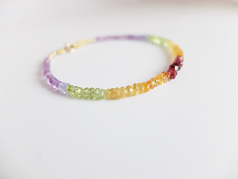 Yellow Sapphire, Peridot, Ruby & Amethyst Rondelle 3-4mm Faceted beads adjustable stacking bracelet