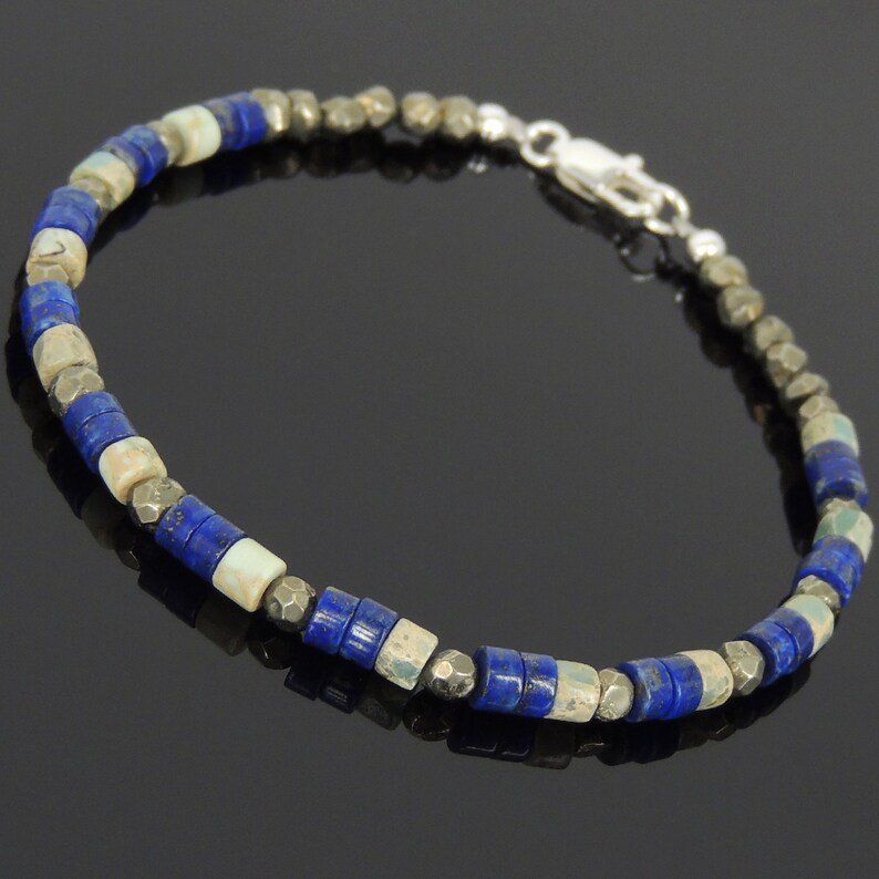 Lapis Lazuli, Pyrite & Jasper Round & Tyre 3-4mm Faceted & Smooth beads adjustable stacking bracelet