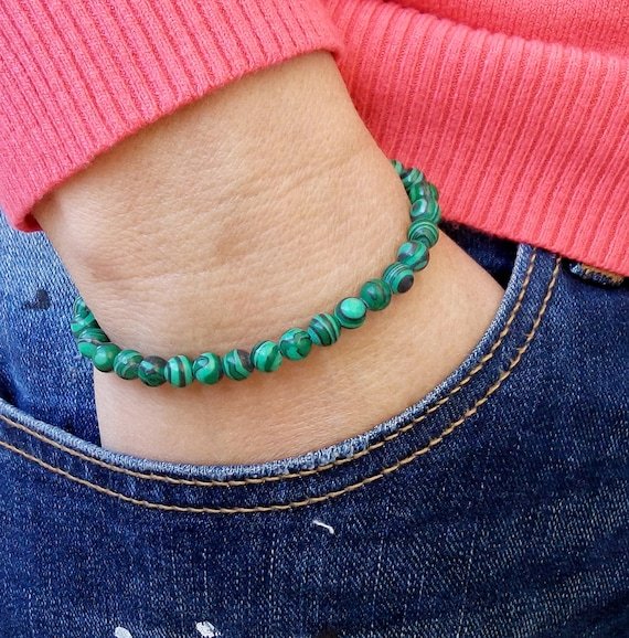 Malachite Round 6mm Smooth beads adjustable stacking bracelet | STK-4514