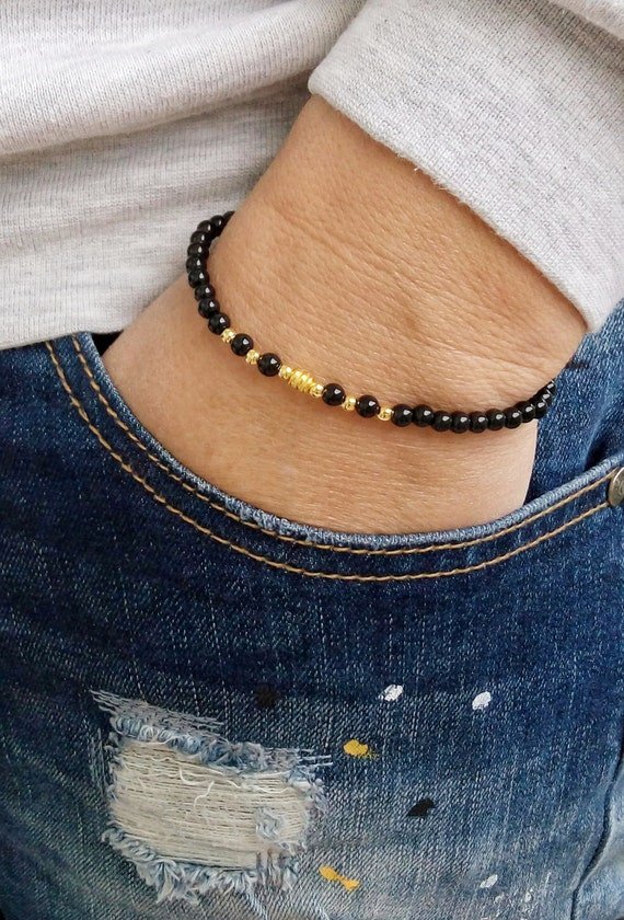 Black Onyx Round 4mm Smooth beads adjustable stacking bracelet | STK-1093