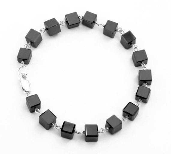Black Spinel Cube 8mm Smooth beads adjustable stacking bracelet | STK-1226