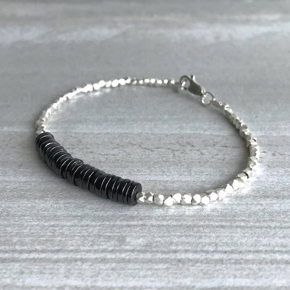 Black Spinel Disk 6mm Smooth beads adjustable stacking bracelet | STK-1311