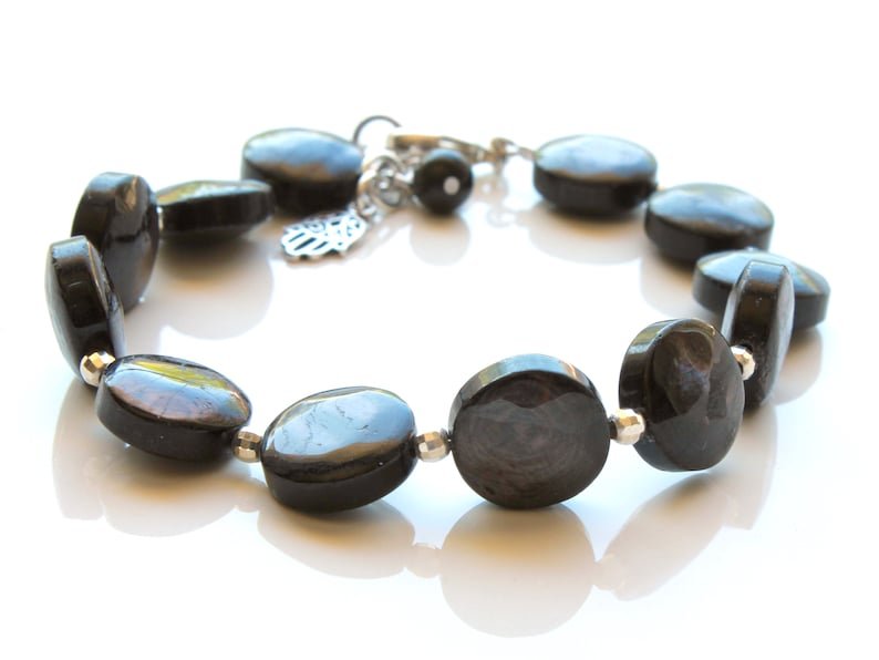 Hypersthene Coin 10mm Smooth beads adjustable stacking bracelet | STK-3640