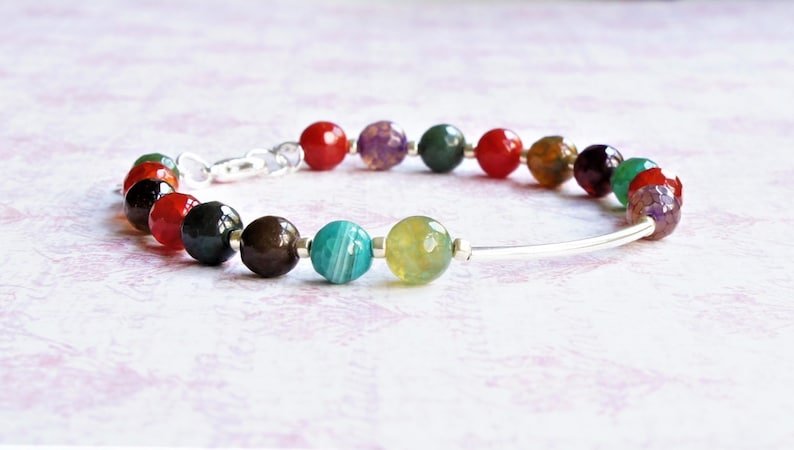 Multi Agate Round 6mm Faceted beads adjustable stacking bracelet | STK-4687